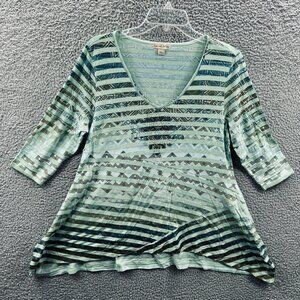Live Let One World Women Tunic Top Large‎ Green Black Embellish 3/4 Sleeve Shirt